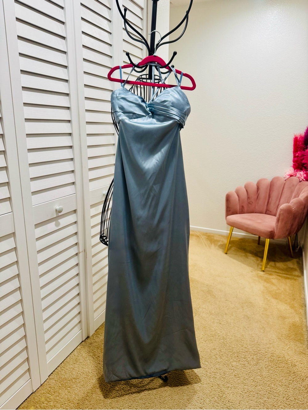 New with Tag, Elegant Satin Strapless Evening Gown in Steel Blue